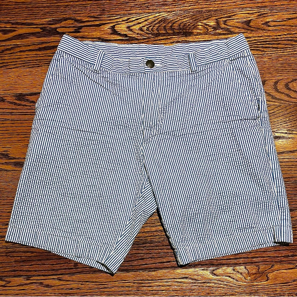 Brooks Brothers Seersucker Red Fleece Shorts Men 35 Blue Stripe Slim Preppy